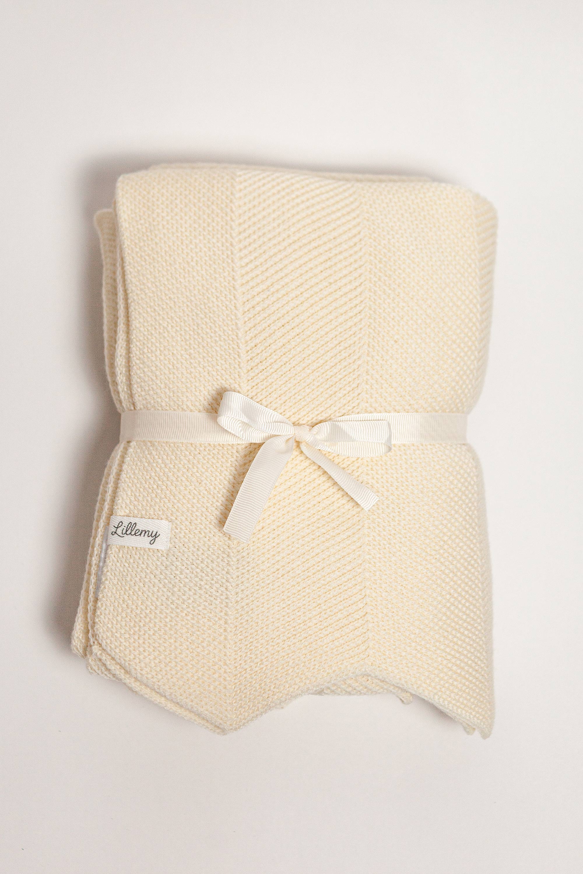 Cream merino wool chevron baby blanket – knitted, fine Italian merino