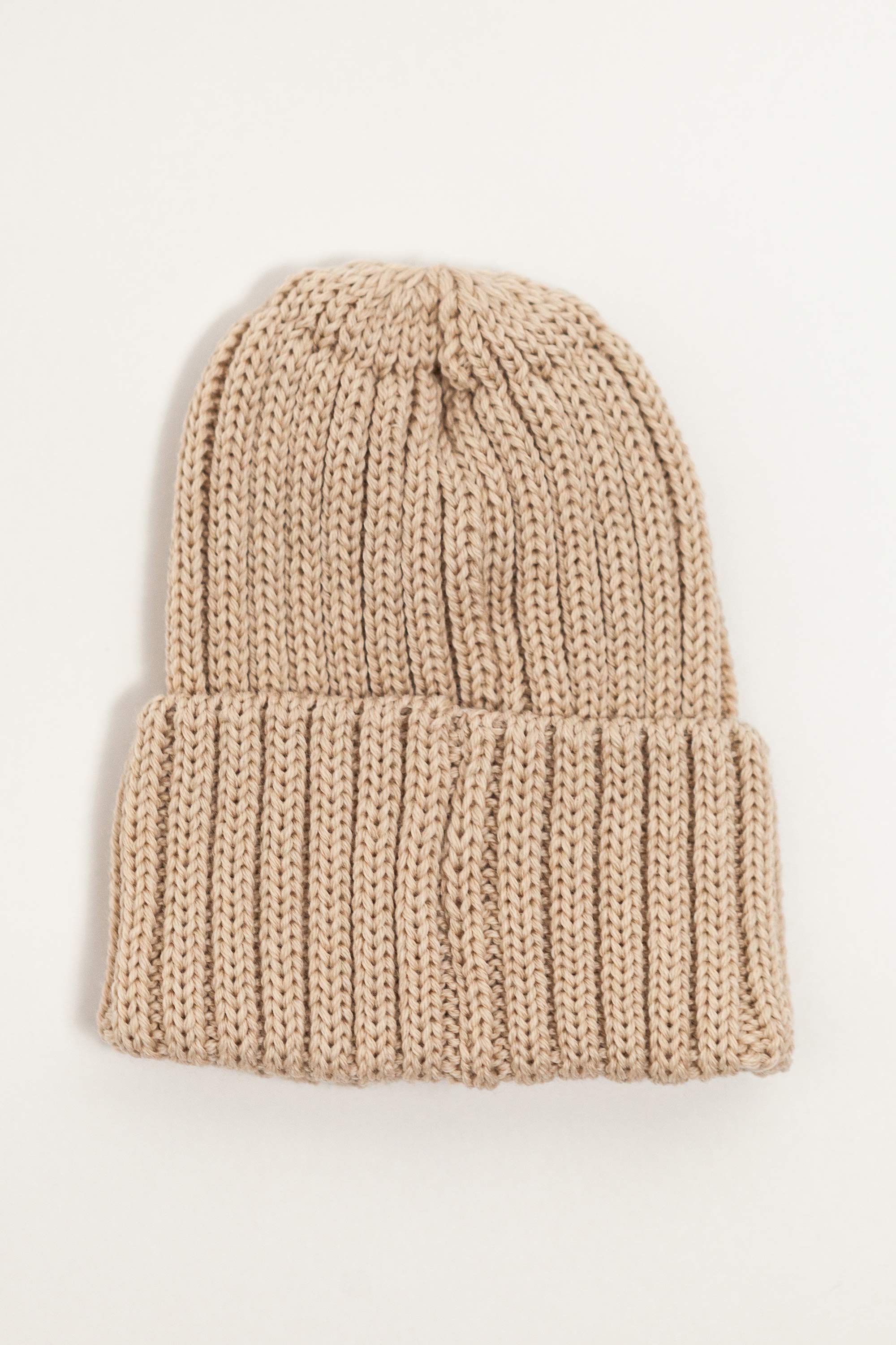 Beige Merino Wool Chunky Rib Beanie