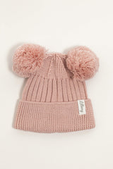 Pink Merino Wool Double Pom Pom Rib Beanie
