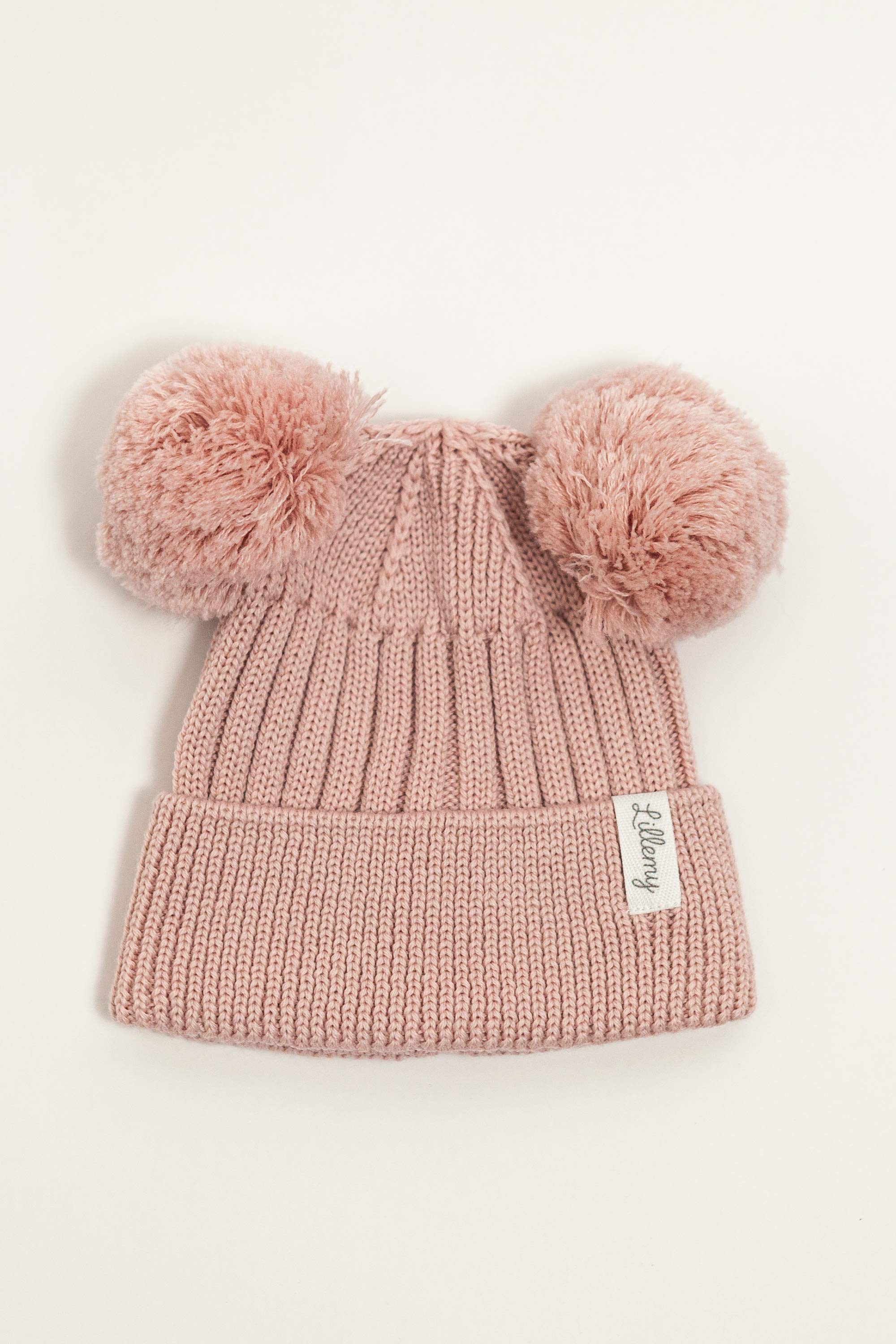 Pink Merino Wool Double Pom Pom Rib Beanie