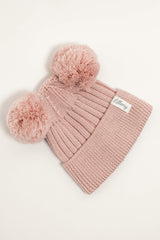 Pink Merino Wool Double Pom Pom Rib Beanie