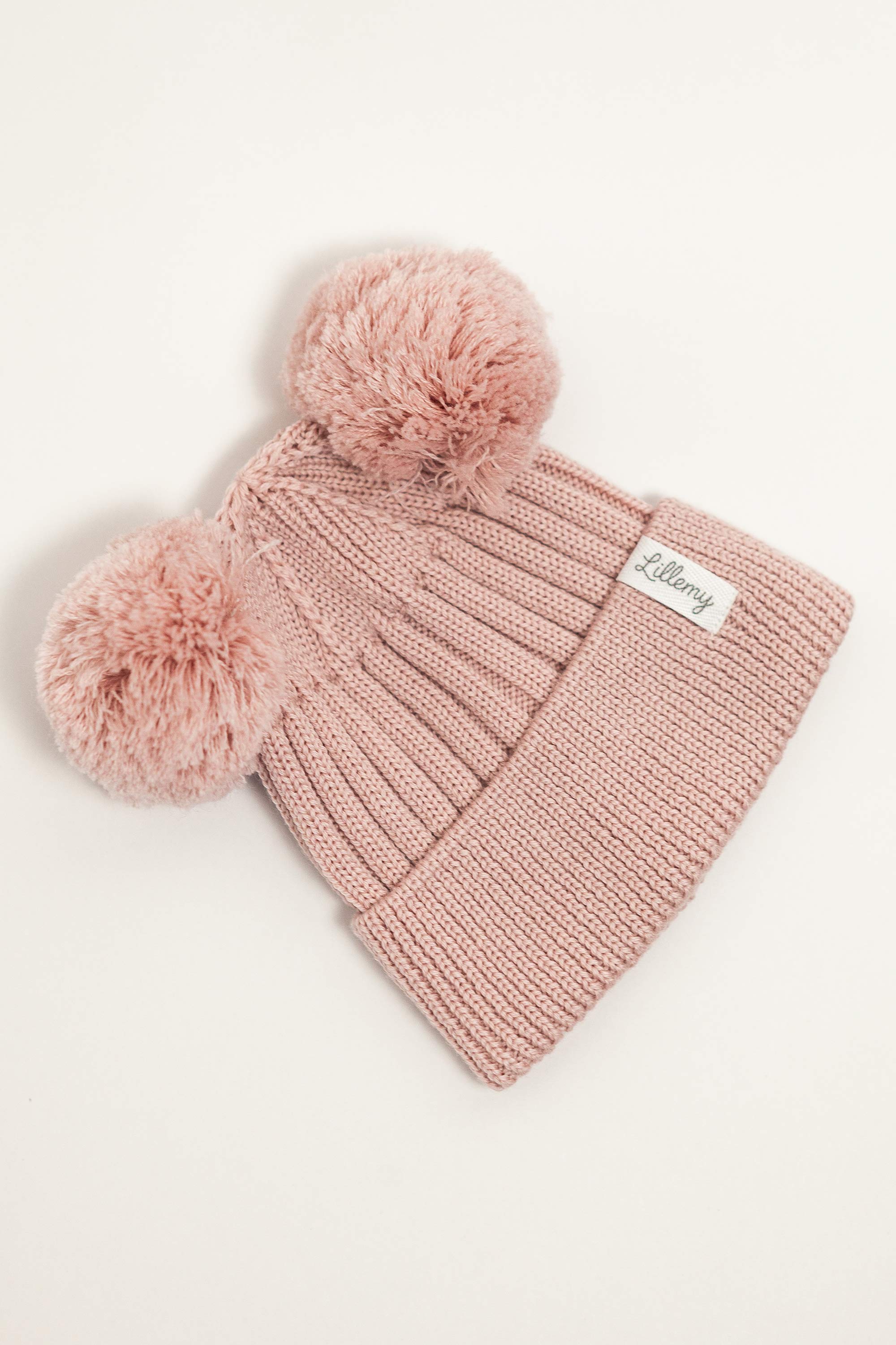 Pink Merino Wool Double Pom Pom Rib Beanie