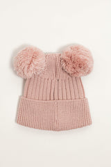 Pink Merino Wool Double Pom Pom Rib Beanie