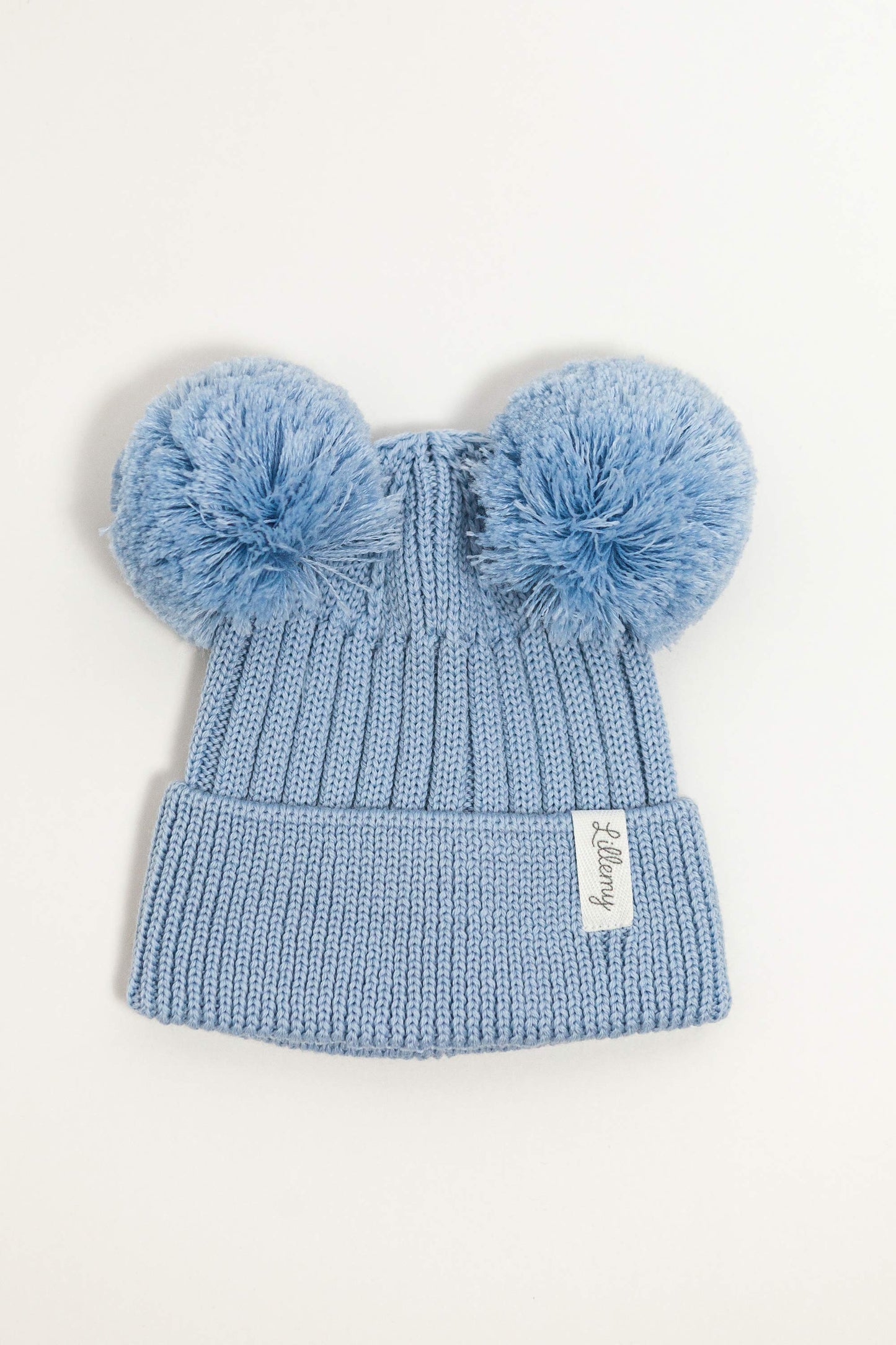 Blue Merino Wool Double Pom Pom Rib Beanie