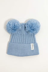 Blue Merino Wool Double Pom Pom Rib Beanie