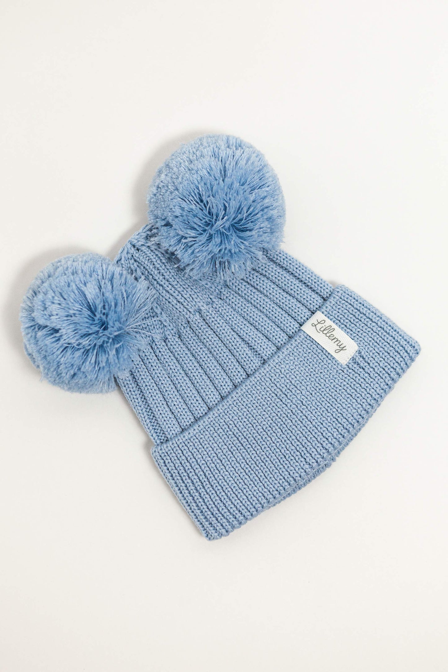 Blue Merino Wool Double Pom Pom Rib Beanie