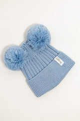 Blue Merino Wool Double Pom Pom Rib Beanie