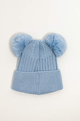 Blue Merino Wool Double Pom Pom Rib Beanie