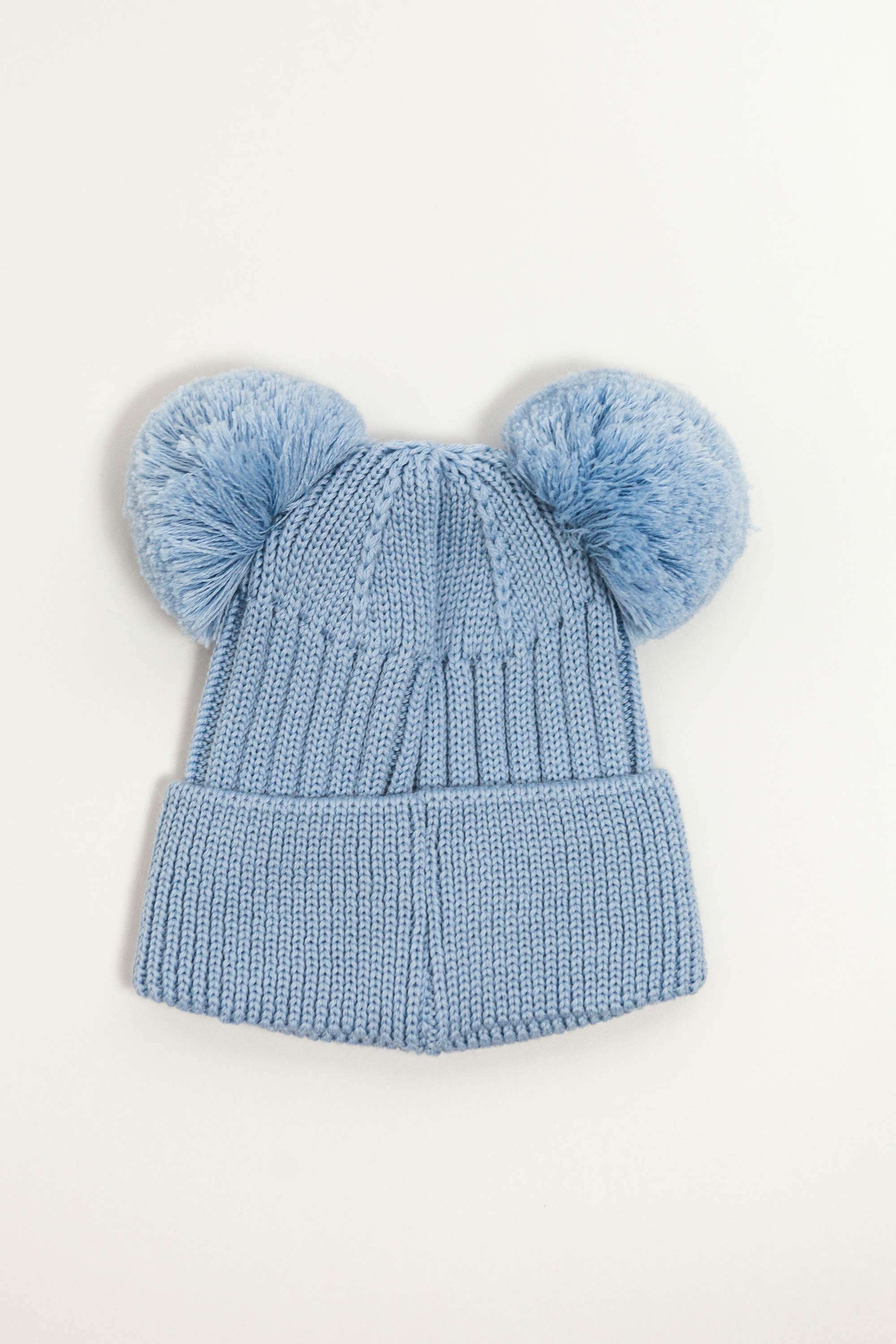 Blue Merino Wool Double Pom Pom Rib Beanie