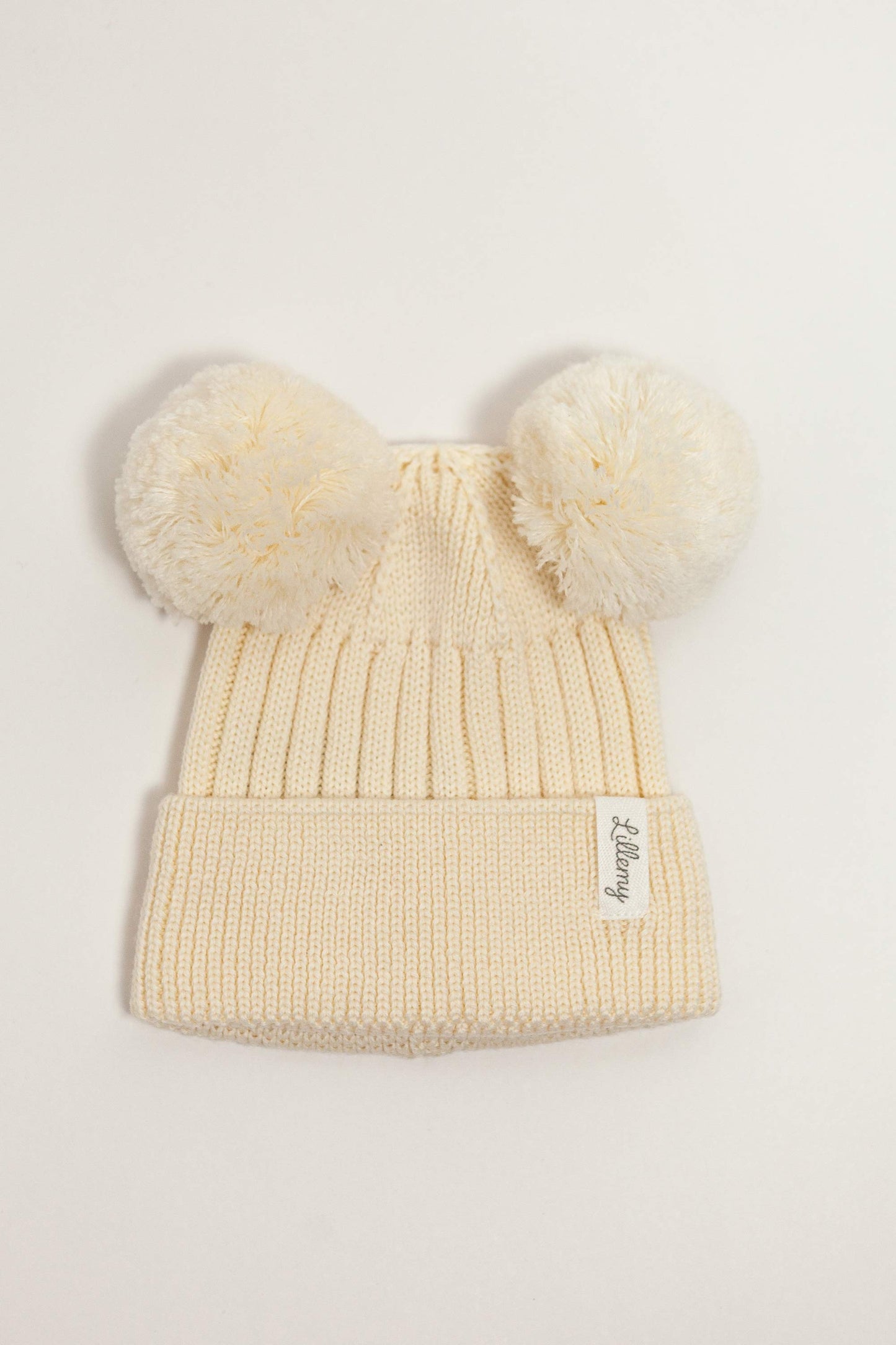 Cream Merino Wool Double Pom Pom Rib Beanie