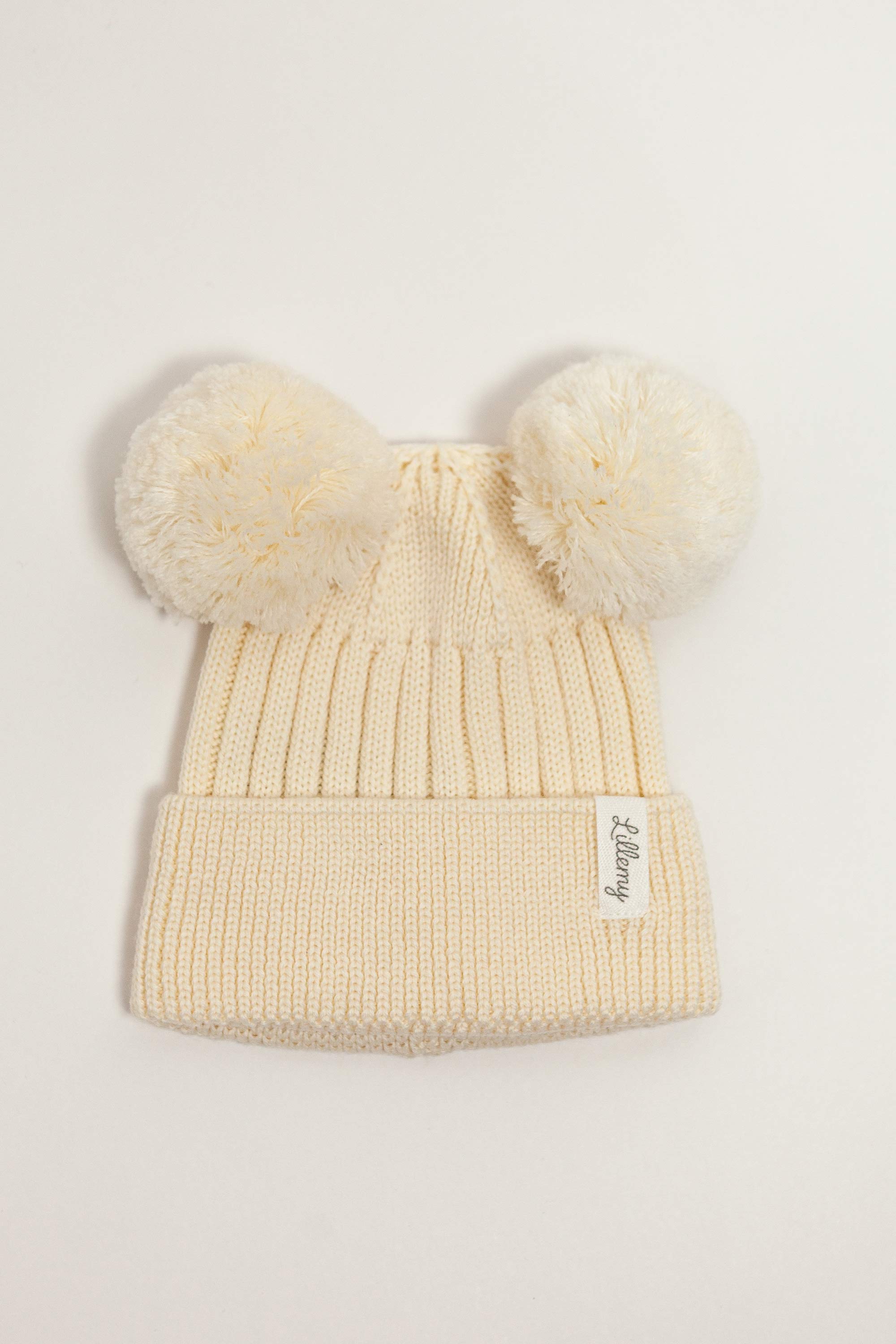Cream Merino Wool Double Pom Pom Rib Beanie