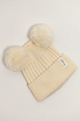 Cream Merino Wool Double Pom Pom Rib Beanie