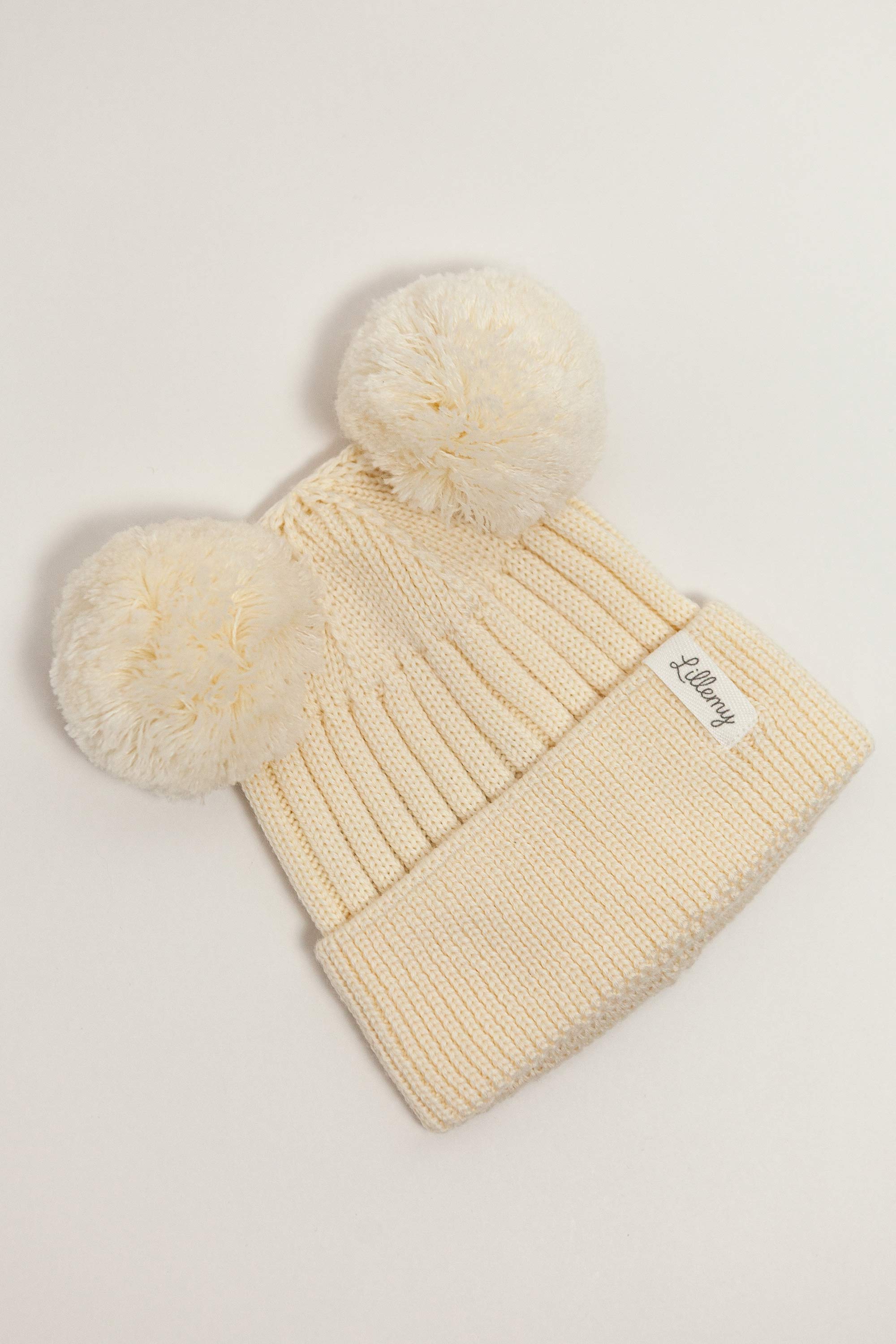 Cream Merino Wool Double Pom Pom Rib Beanie