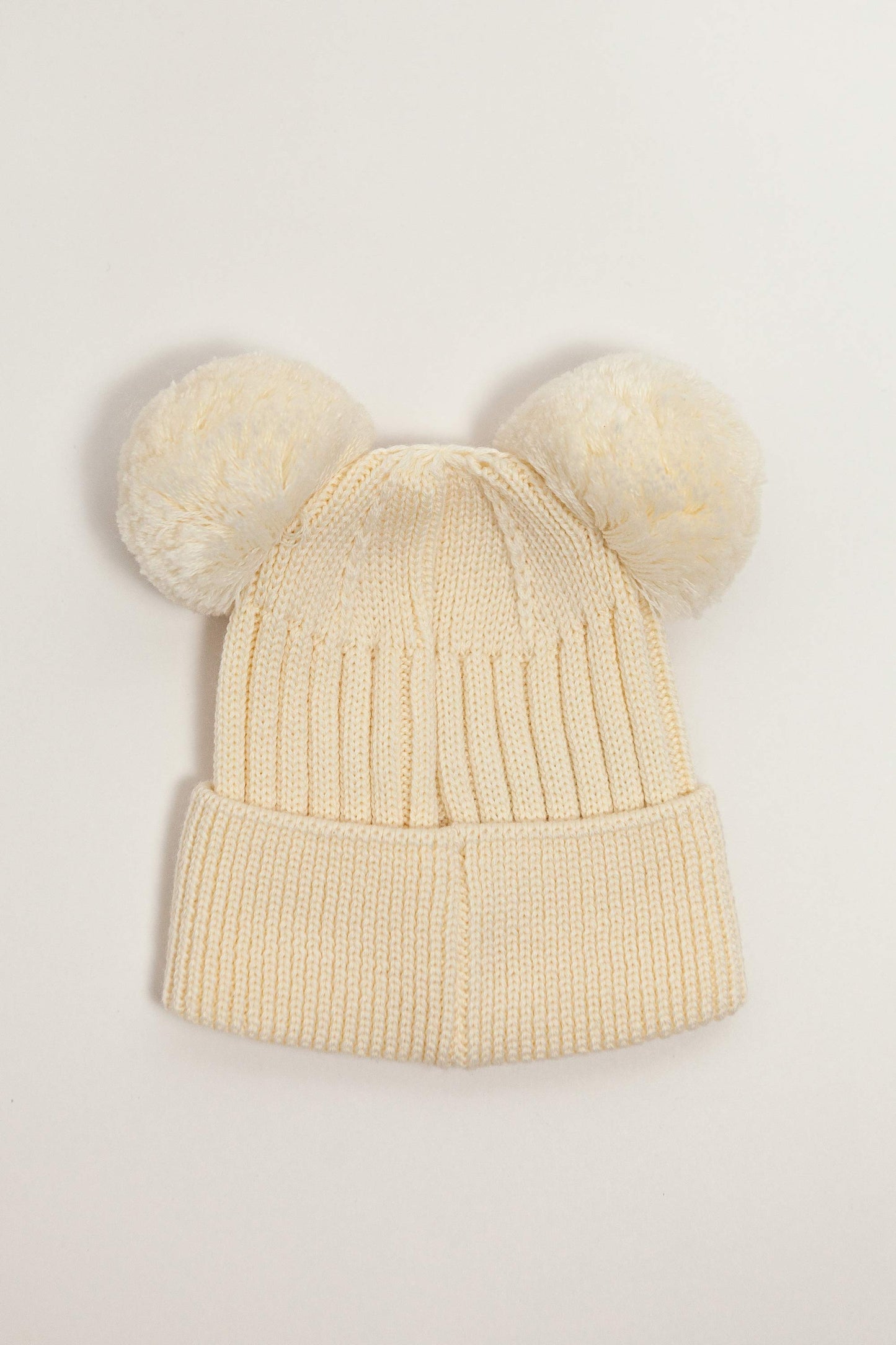 Cream Merino Wool Double Pom Pom Rib Beanie