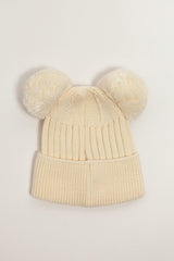 Cream Merino Wool Double Pom Pom Rib Beanie