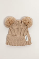 Beige Merino Wool Double Pom Pom Rib Beanie