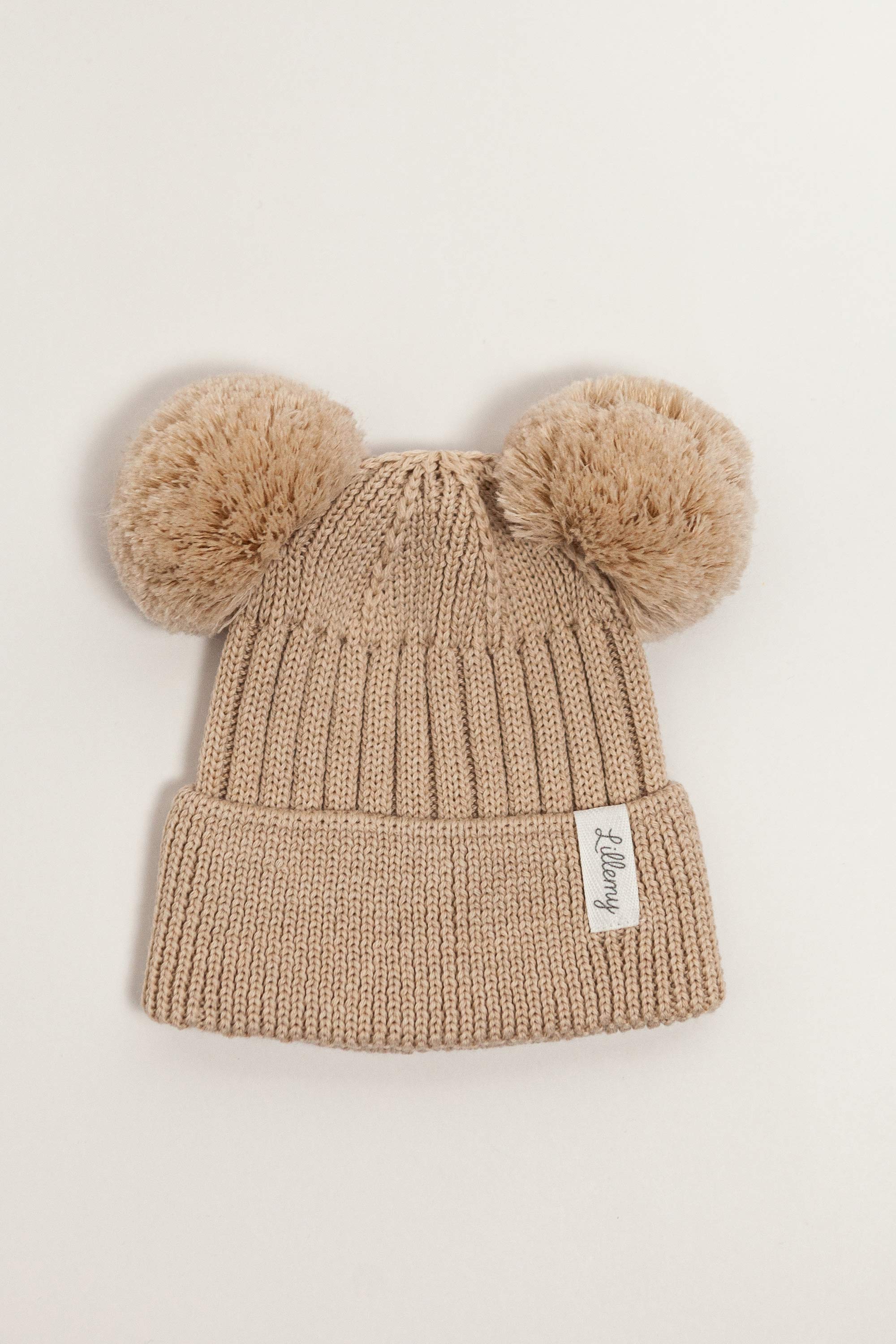 Beige Merino Wool Double Pom Pom Rib Beanie