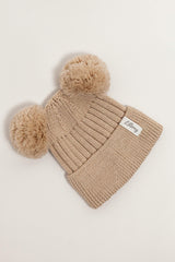 Beige Merino Wool Double Pom Pom Rib Beanie