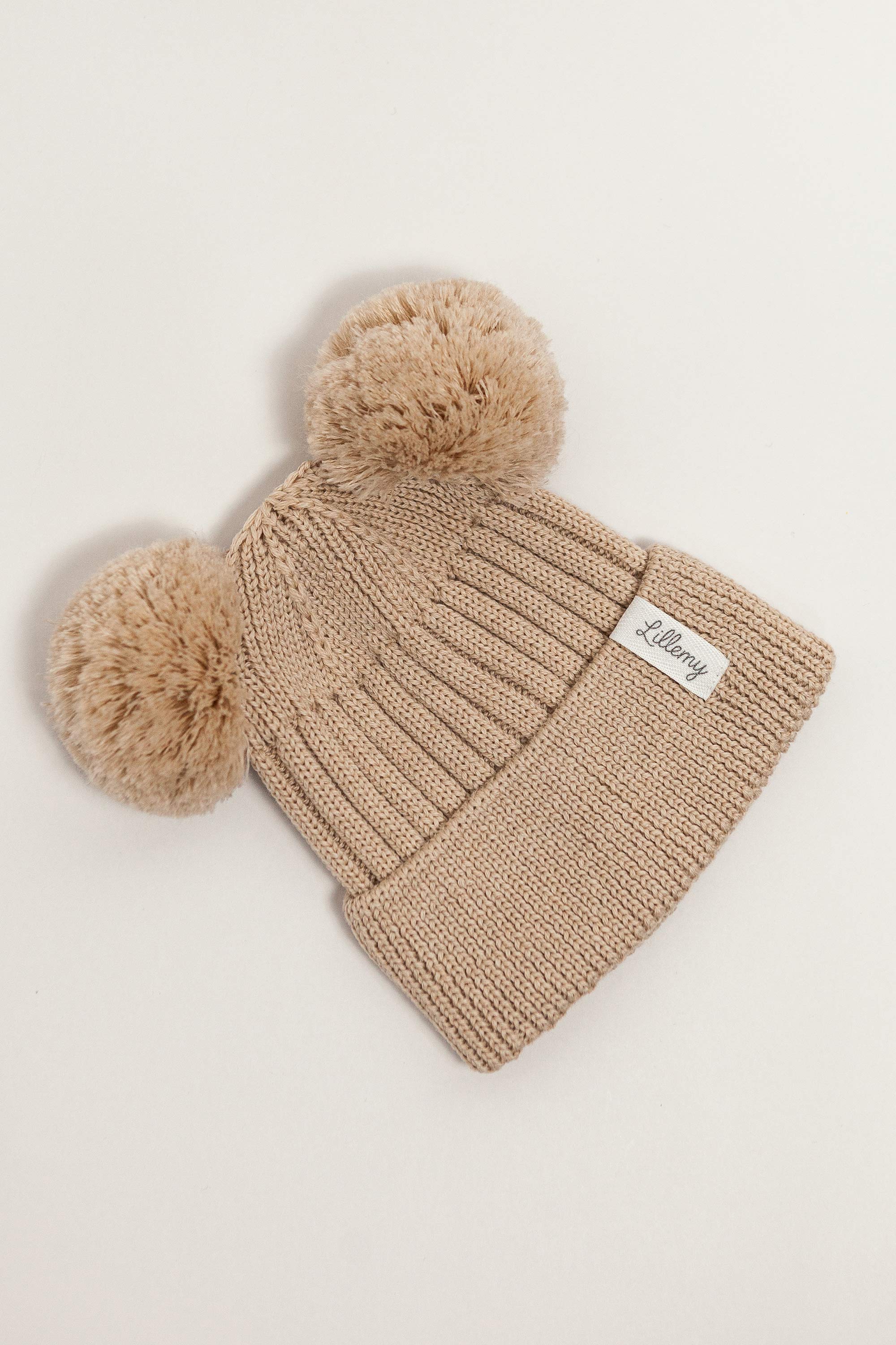 Beige Merino Wool Double Pom Pom Rib Beanie