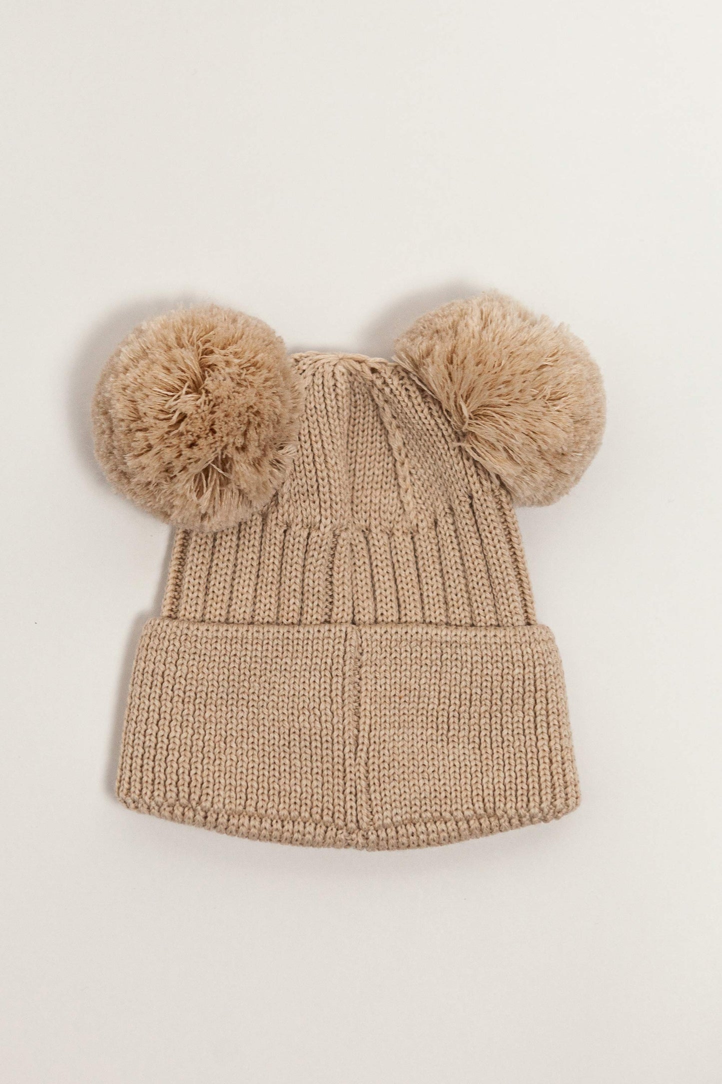 Beige Merino Wool Double Pom Pom Rib Beanie