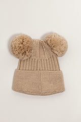 Beige Merino Wool Double Pom Pom Rib Beanie
