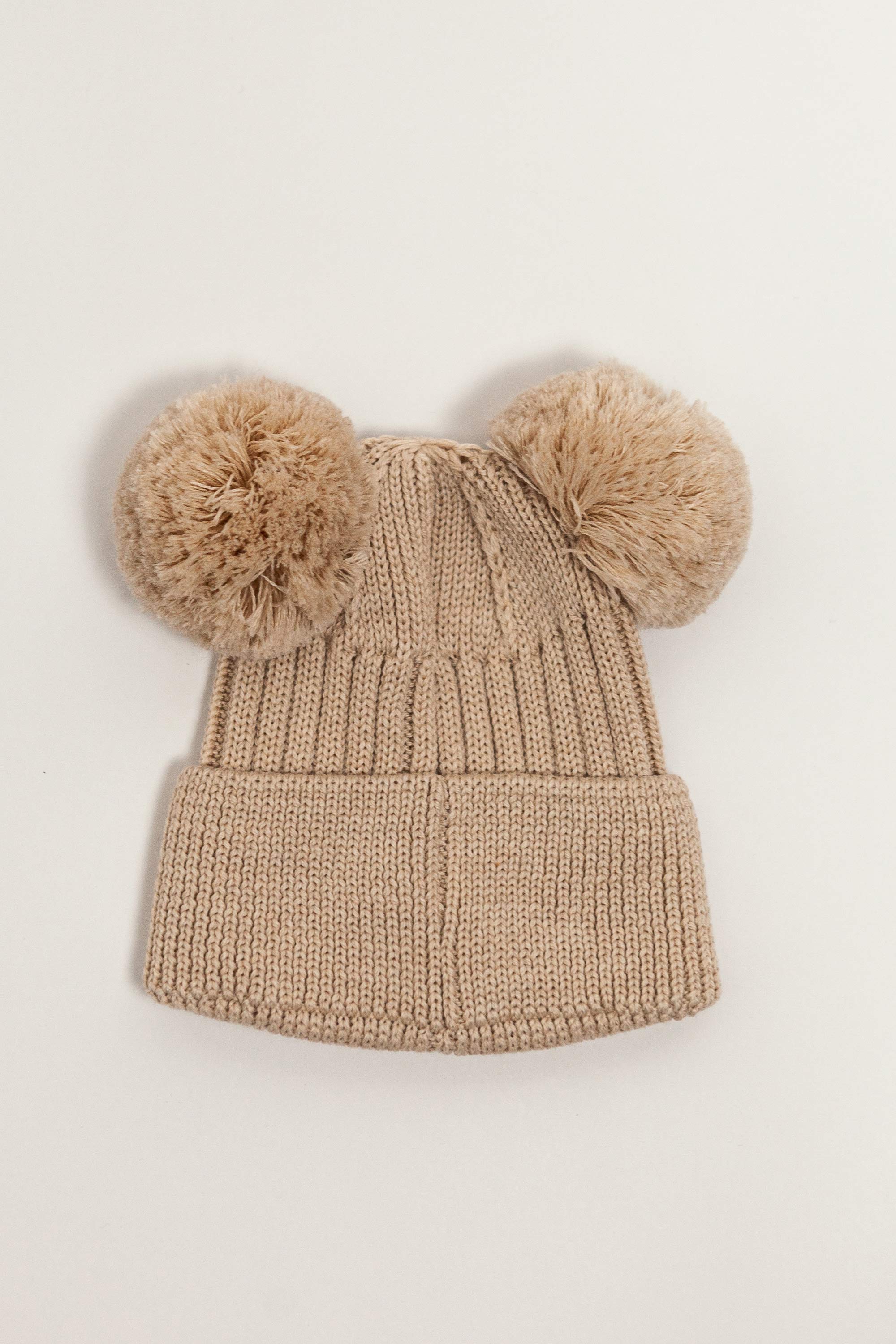 Beige Merino Wool Double Pom Pom Rib Beanie