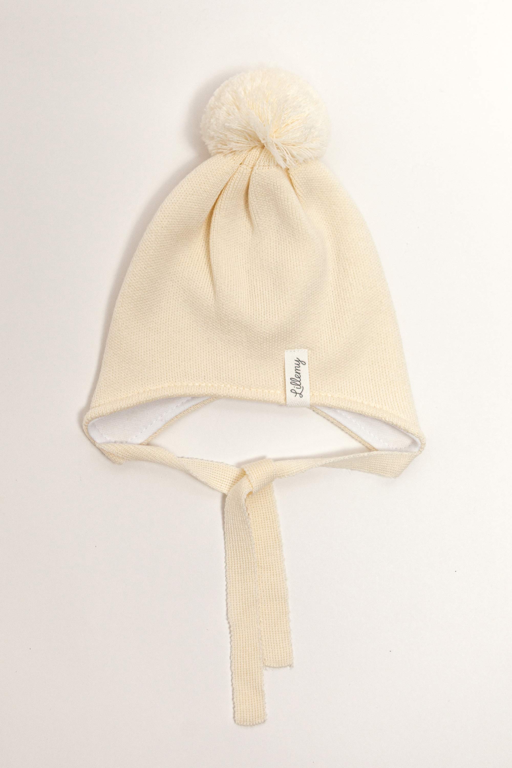 Cream Merino Wool Hat With Pom Pom