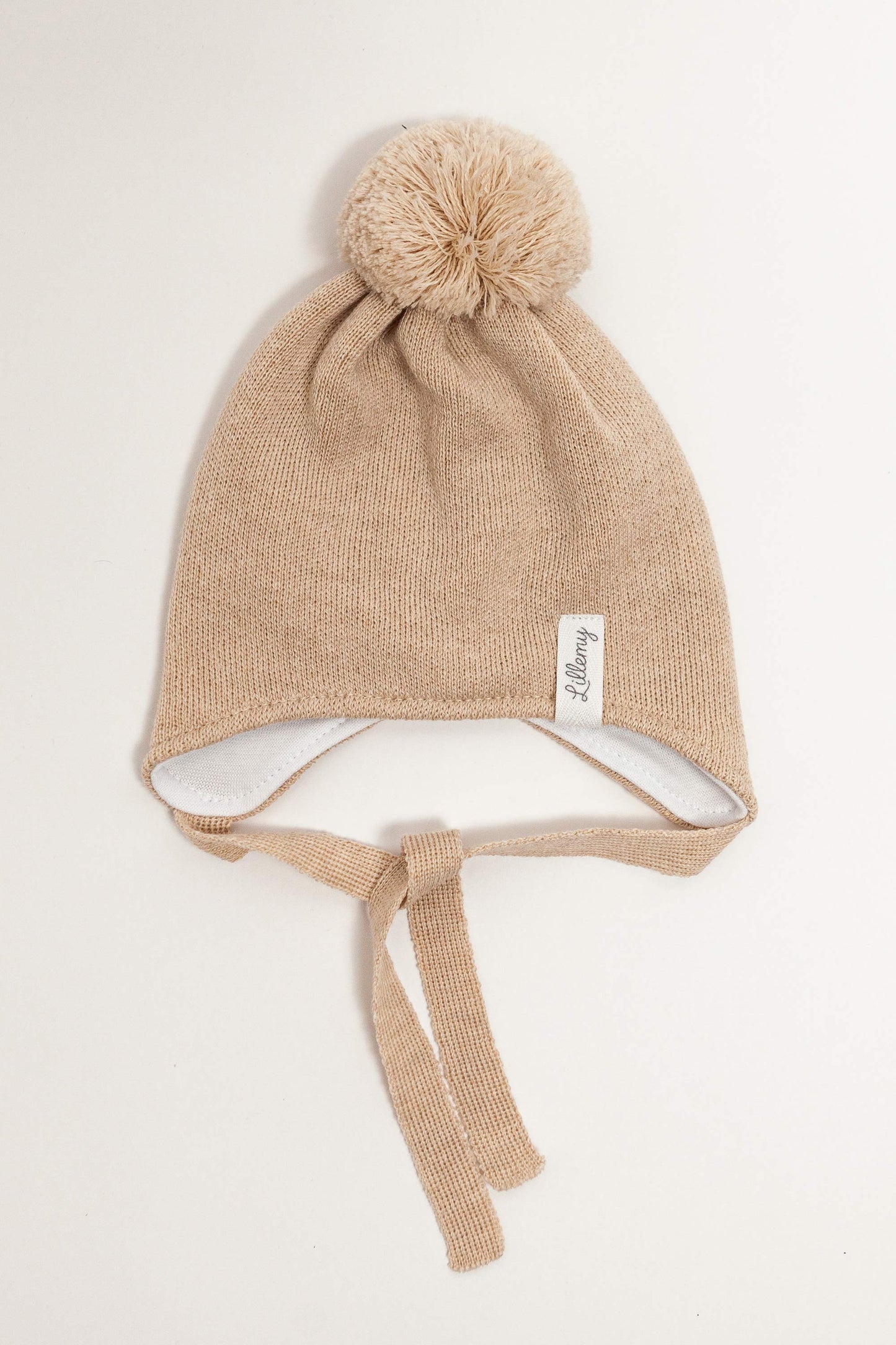 Beige Merino Wool Hat With Pom Pom