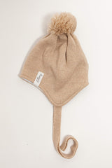 Beige Merino Wool Hat With Pom Pom