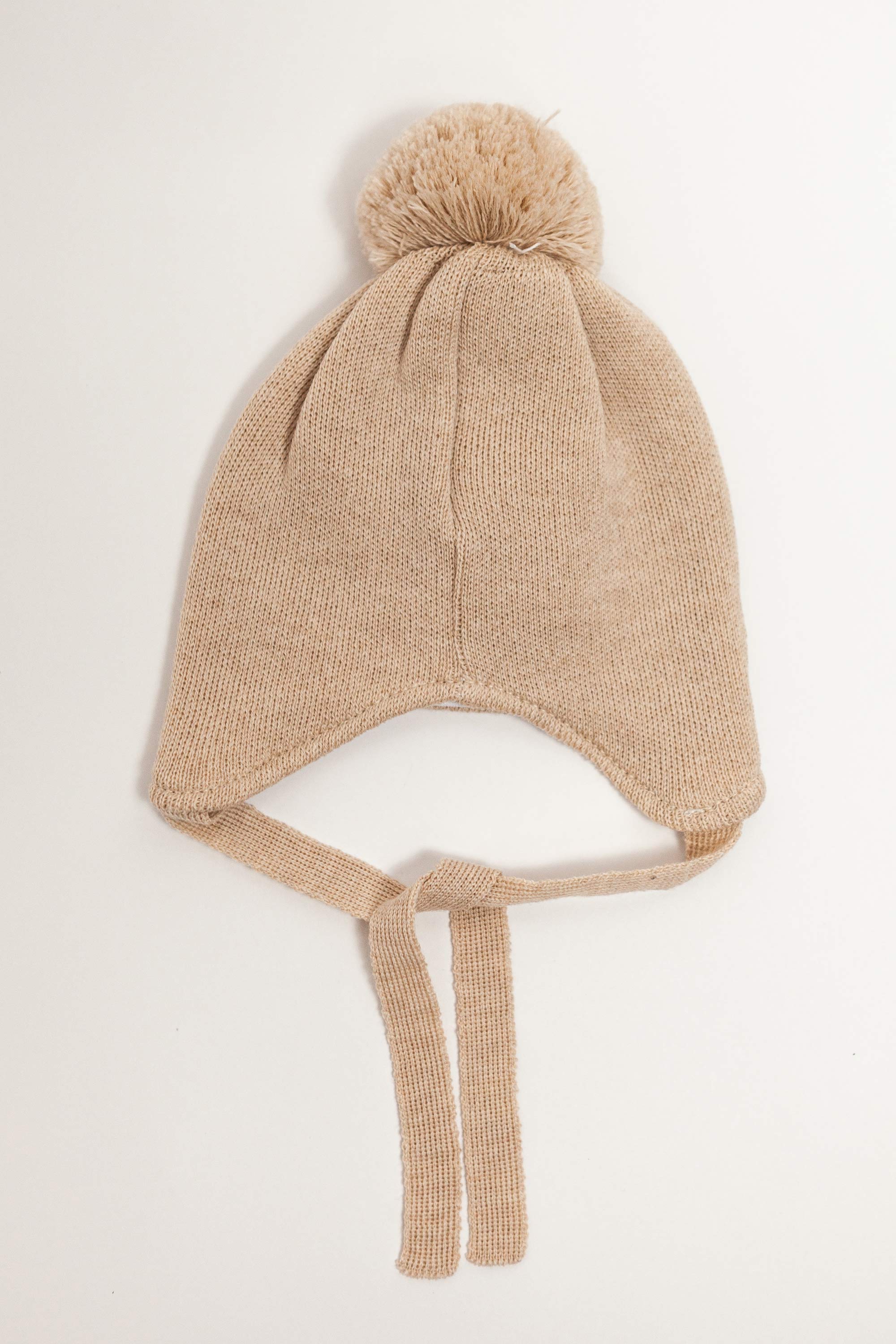 Beige Merino Wool Hat With Pom Pom