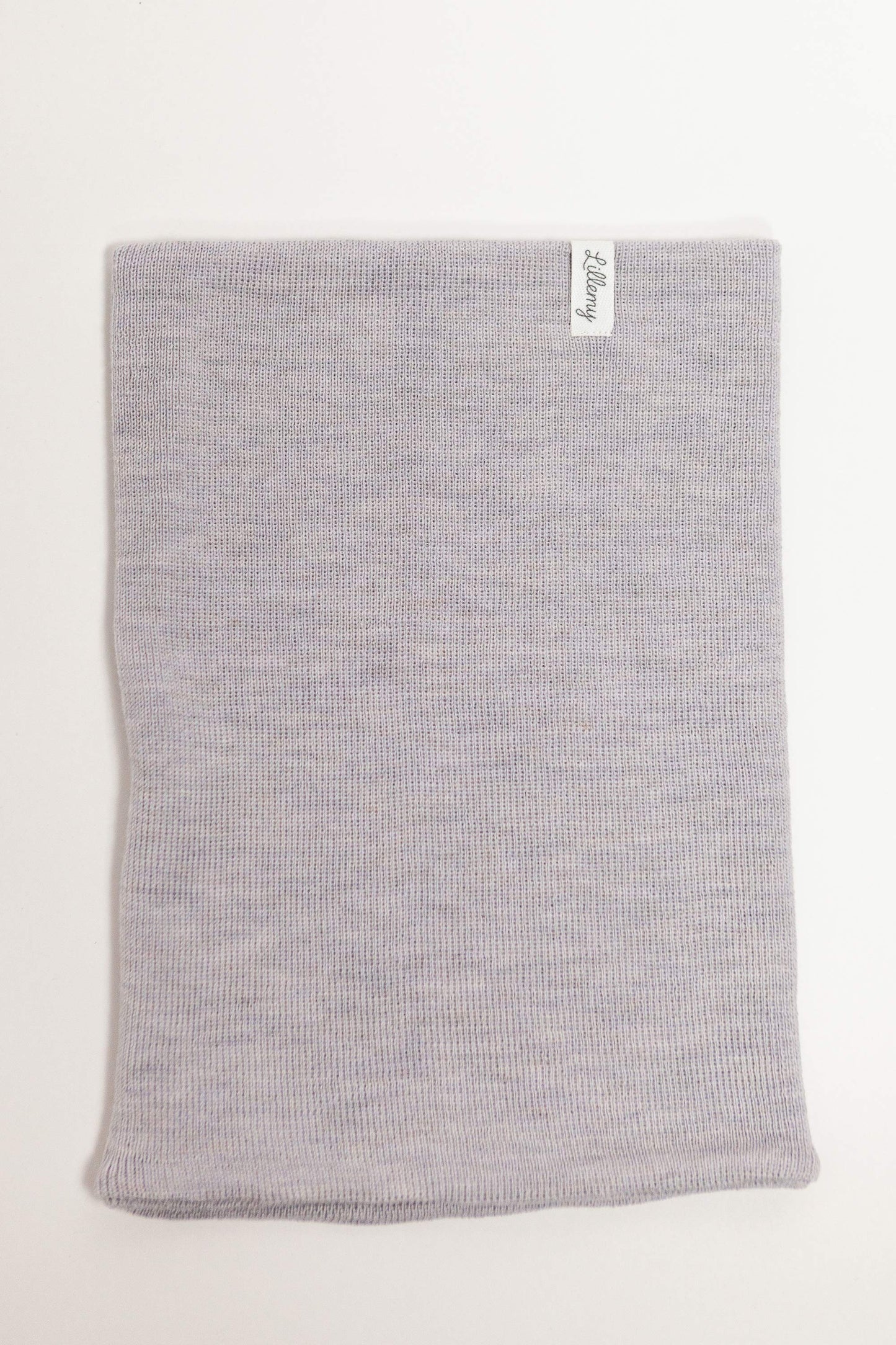 grey merino wool kids snood worn – stays in place, no tying needed