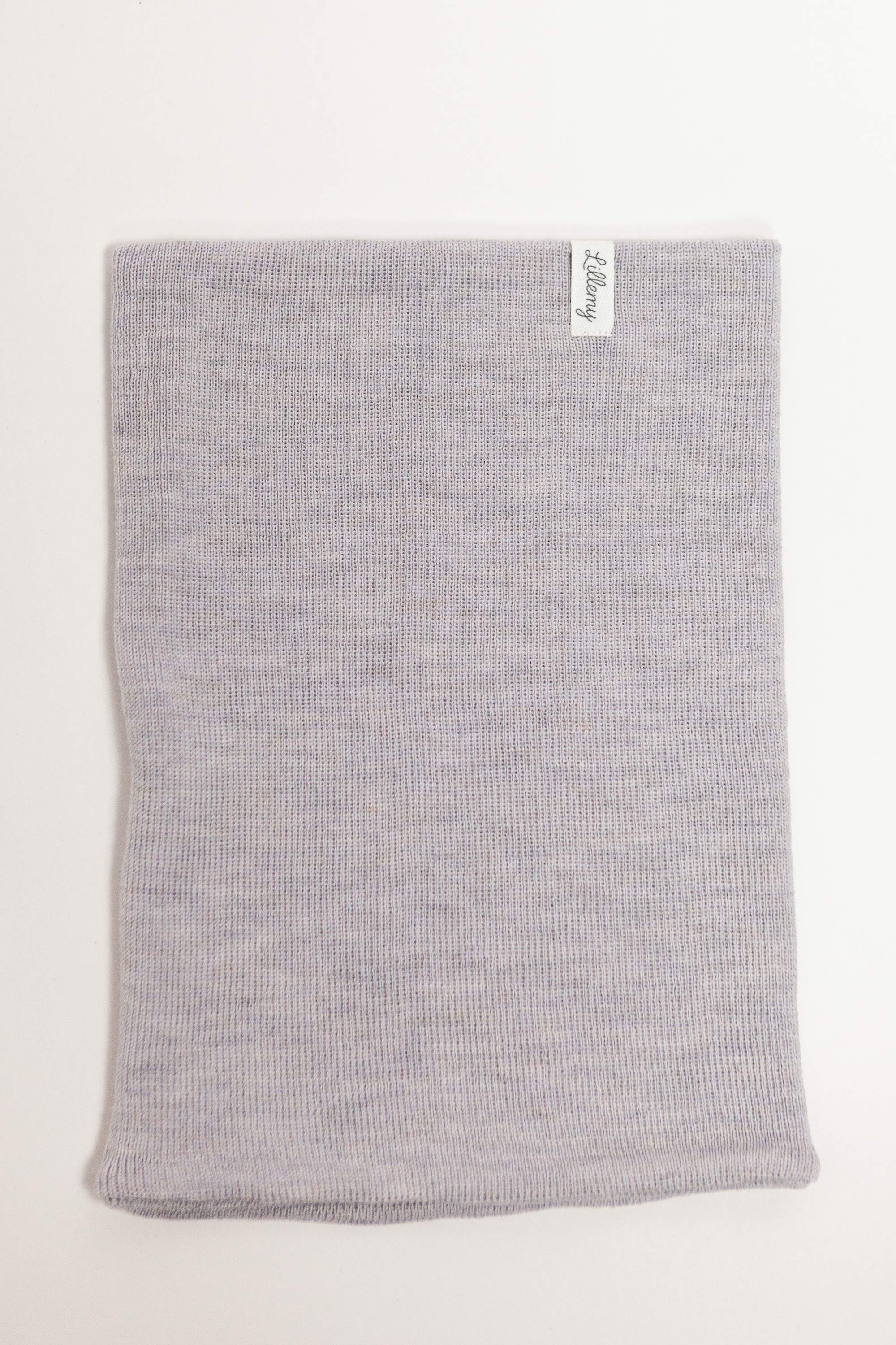 grey merino wool kids snood worn – stays in place, no tying needed