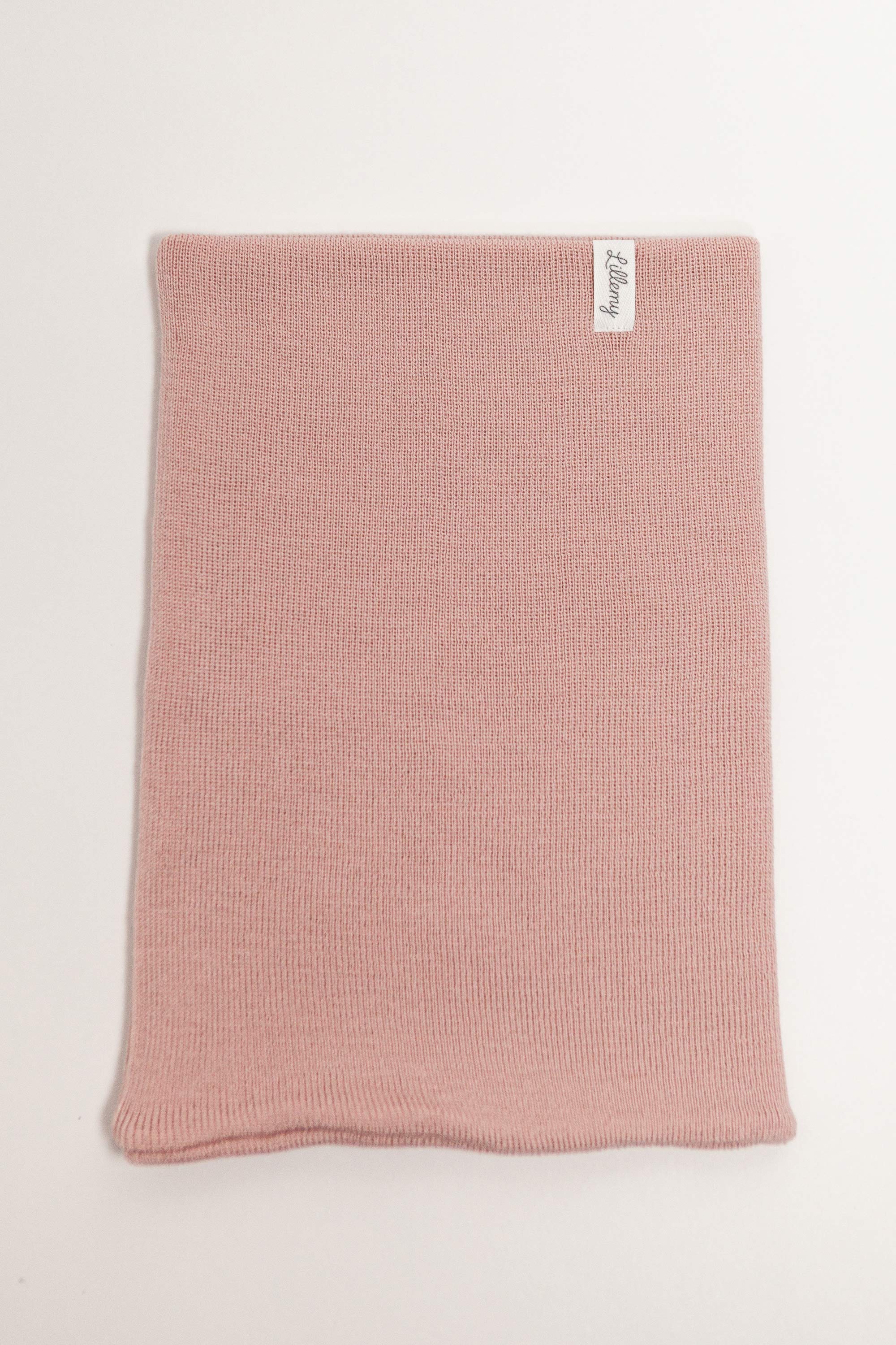 pink merino wool kids snood worn – stays in place, no tying needed