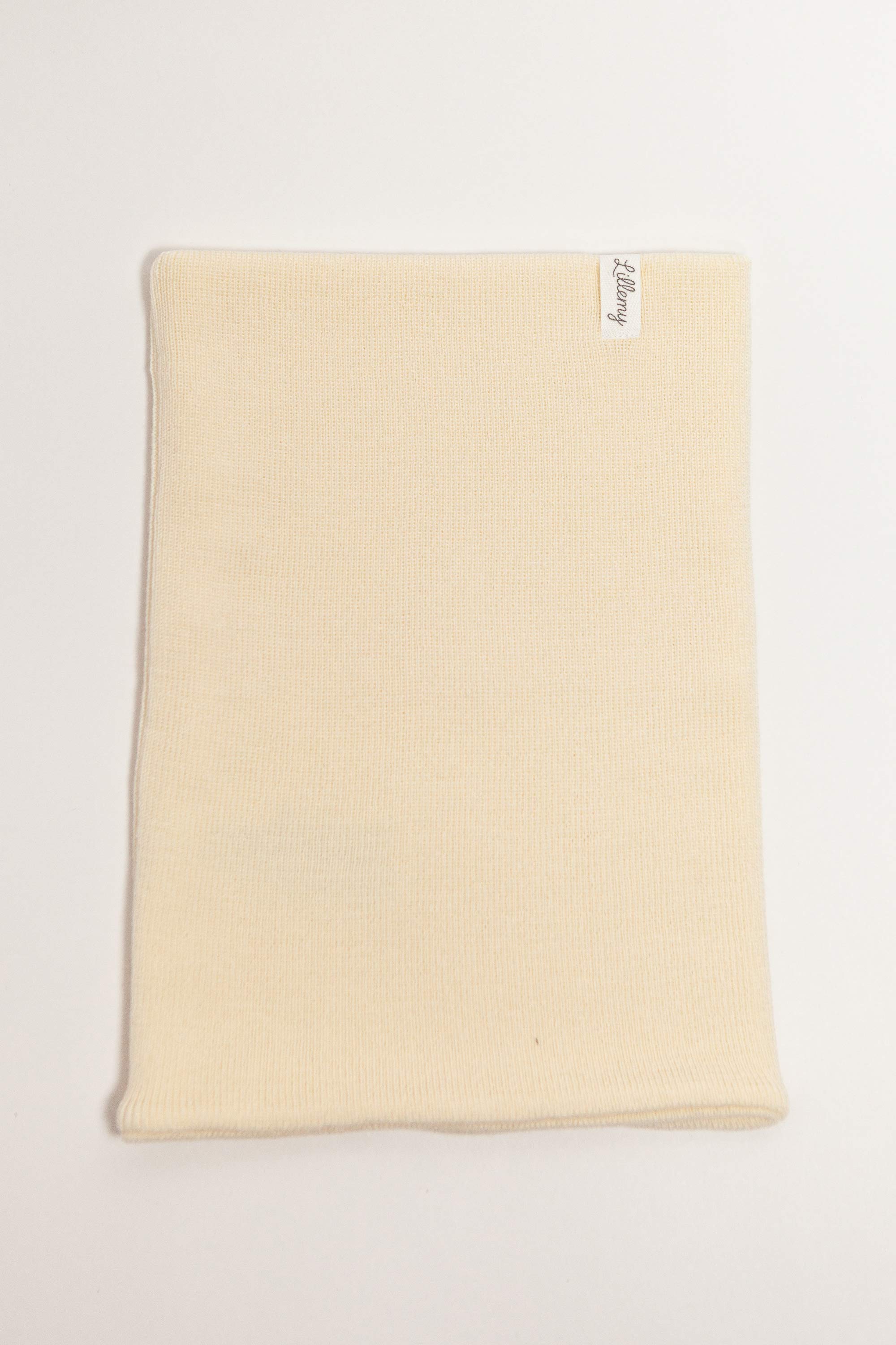 cream merino wool kids snood worn – stays in place, no tying needed