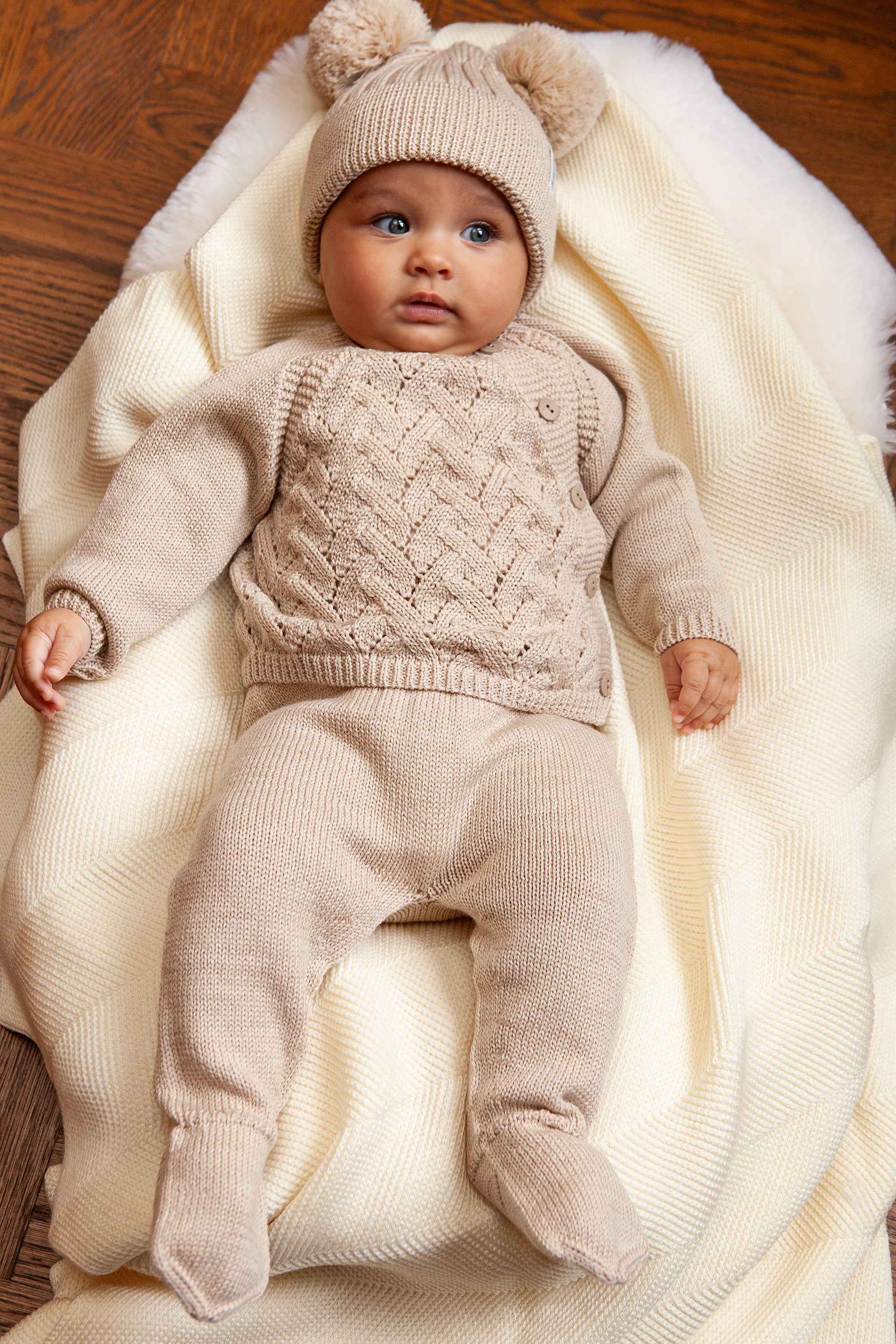 Beige Merino Wool Baby Footed Pants