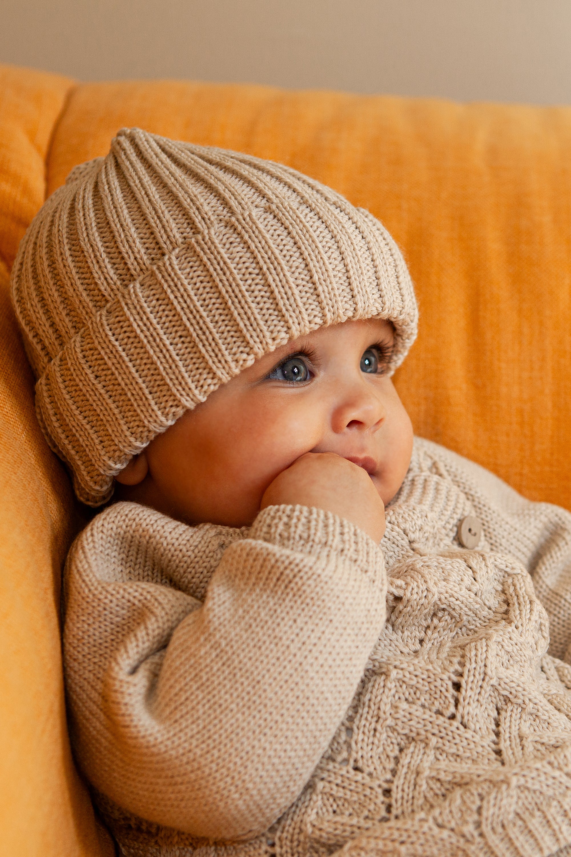 Beige Merino Wool Chunky Rib Beanie