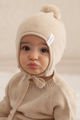 Beige Merino Wool Hat With Pom Pom