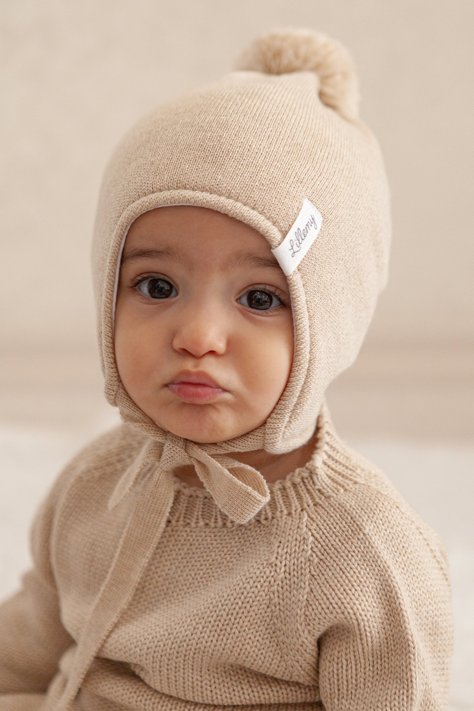 Beige Merino Wool Hat With Pom Pom