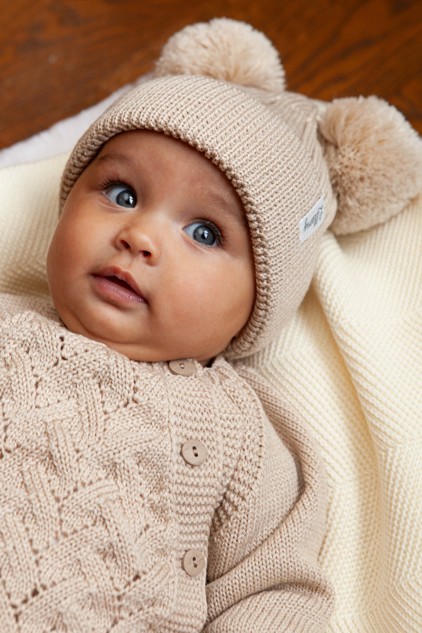 Beige Merino Wool Double Pom Pom Rib Beanie