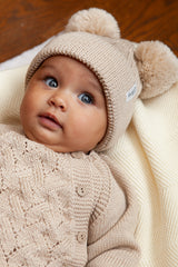 Beige Merino Wool Double Pom Pom Rib Beanie