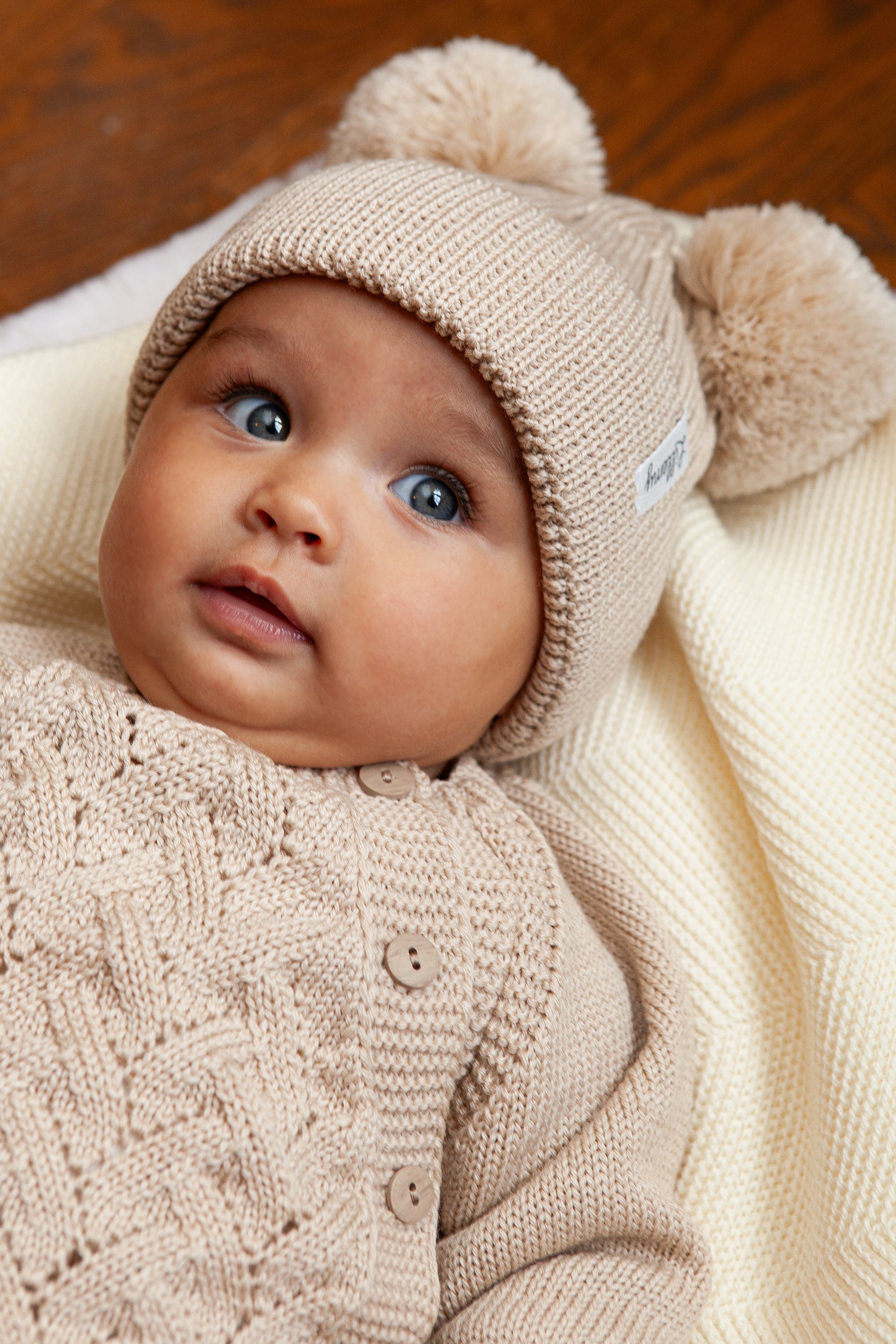 Beige Merino Wool Double Pom Pom Rib Beanie