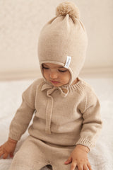 Beige Merino Wool Hat With Pom Pom