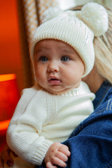 Cream Merino Wool Double Pom Pom Rib Beanie