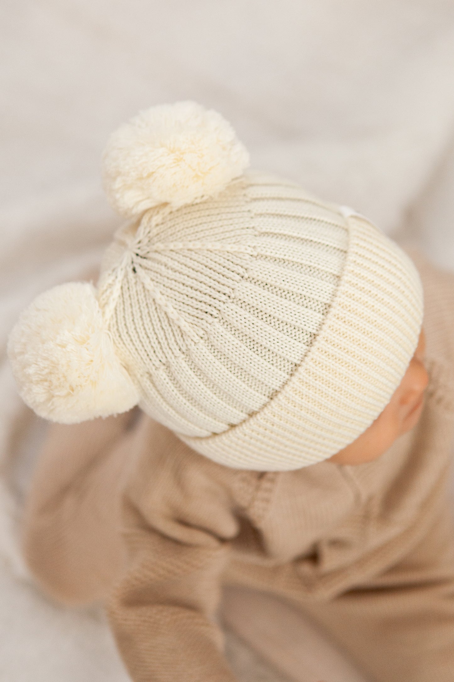 Cream Merino Wool Double Pom Pom Rib Beanie