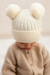 Cream Merino Wool Double Pom Pom Rib Beanie