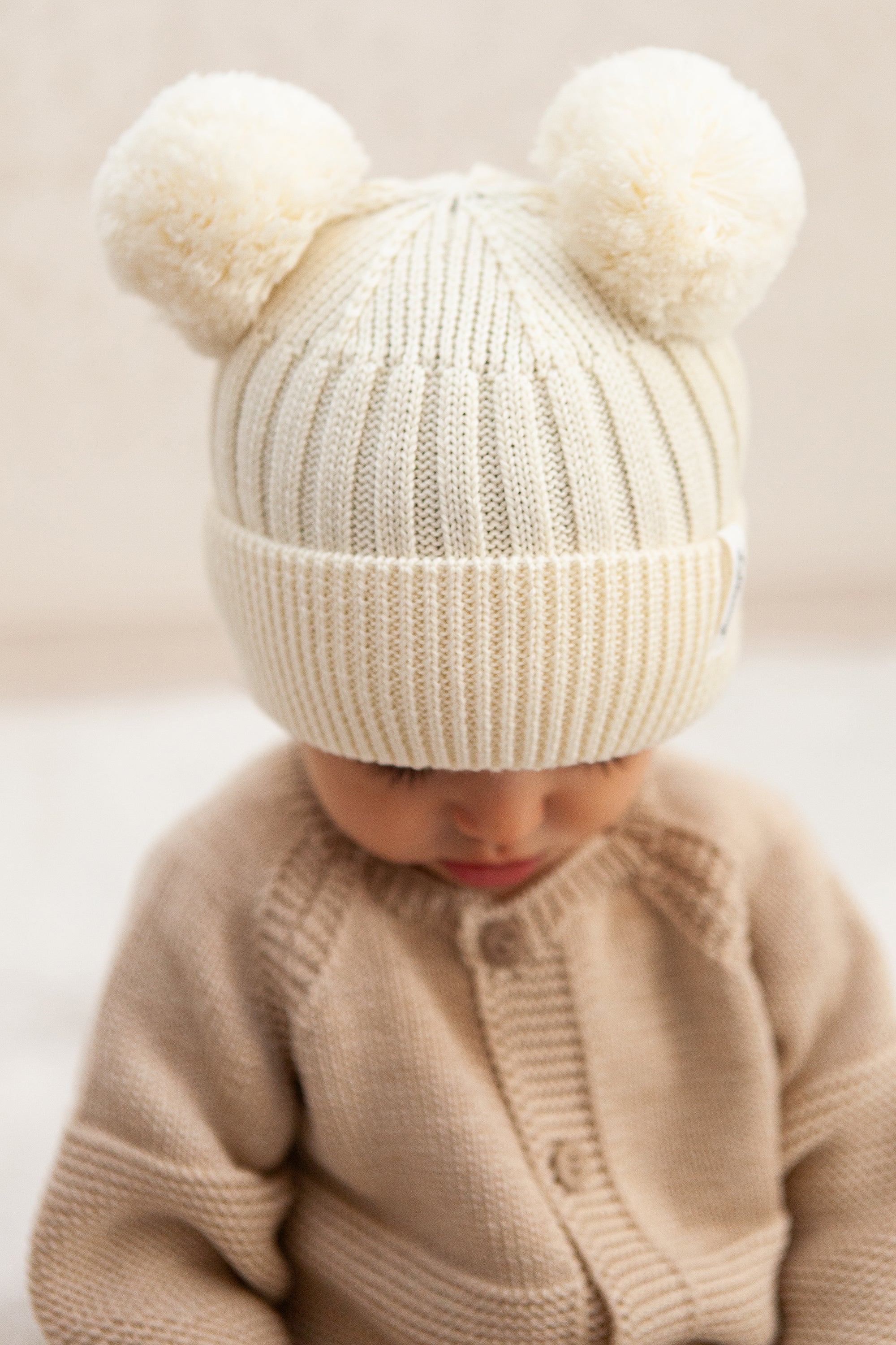 Cream Merino Wool Double Pom Pom Rib Beanie