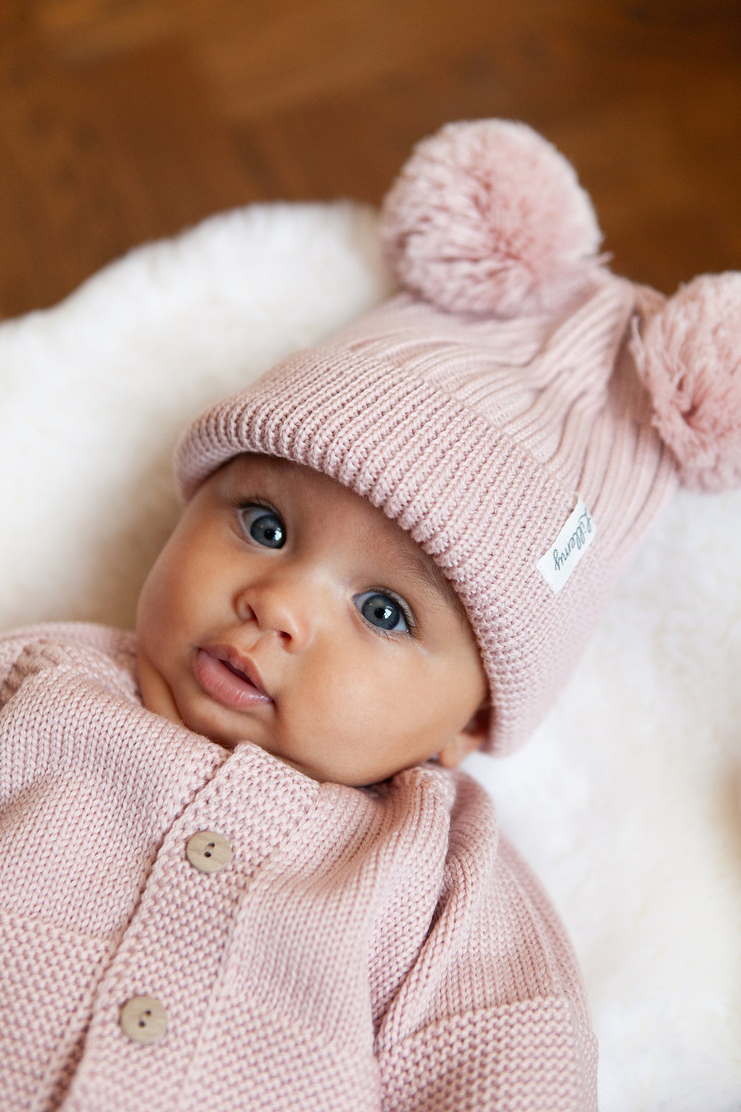 Pink Merino Wool Double Pom Pom Rib Beanie