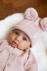 Pink Merino Wool Double Pom Pom Rib Beanie