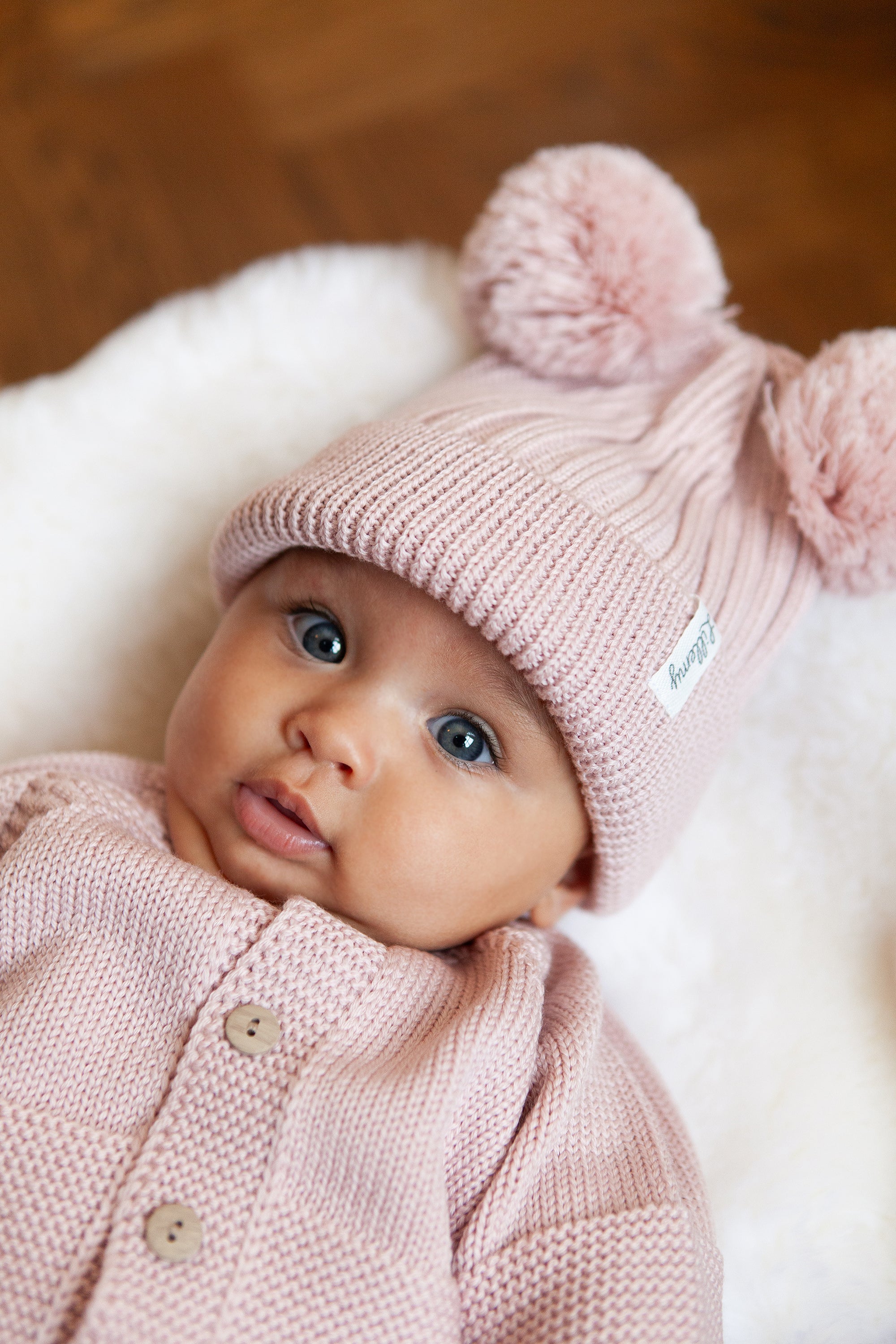 Pink Merino Wool Double Pom Pom Rib Beanie