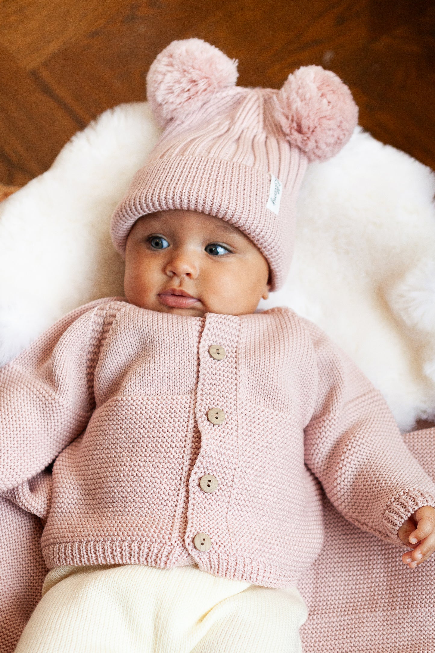 Pink Merino Wool Double Pom Pom Rib Beanie